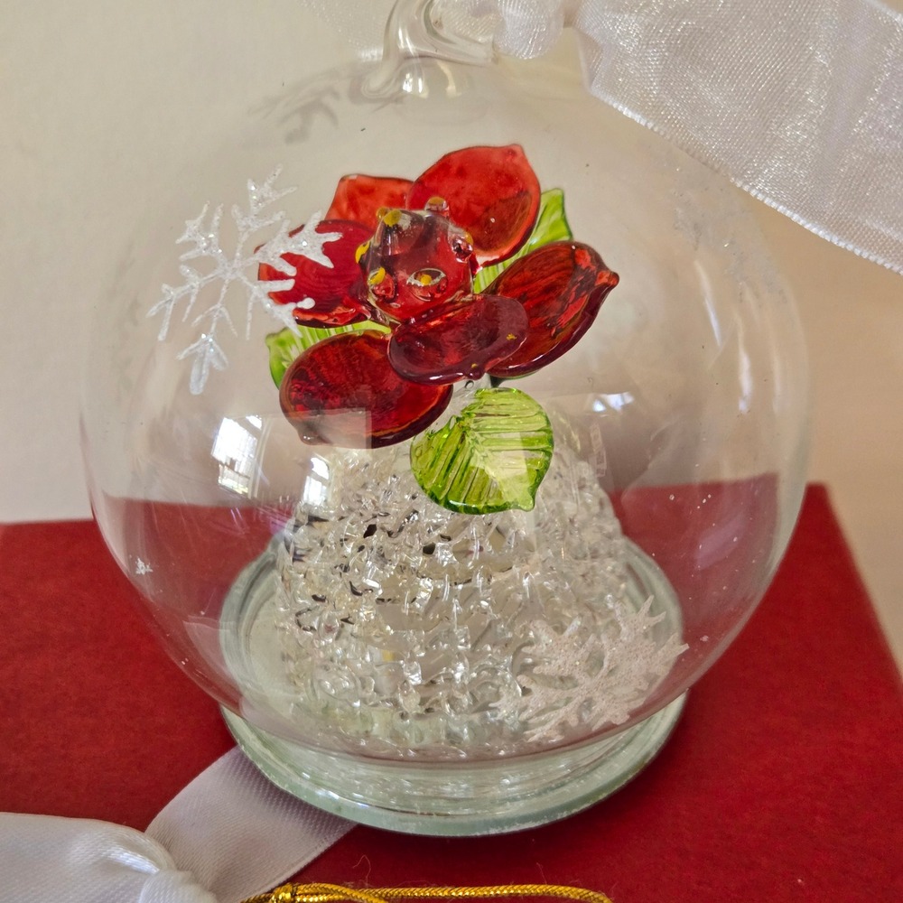 Color Changing Light Up Spun Glass Poinsettia‎ in Glass Ball Christmas Ornament